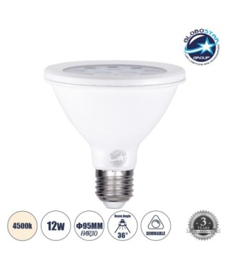 GLOBOSTAR® SPOTPAR 60085 Σποτ E27 PAR30 LED 12W 1164lm 36° AC 220-240V IP20 Φυσικό Λευκό 4500K - Μ9.5 x Π9.5 x Υ9.5cm - 3 Χρόνια Εγγύηση